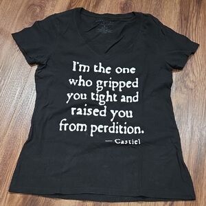 Supernatural SPN Warner Bros. Black V-Neck Tee with White Castiel Quote